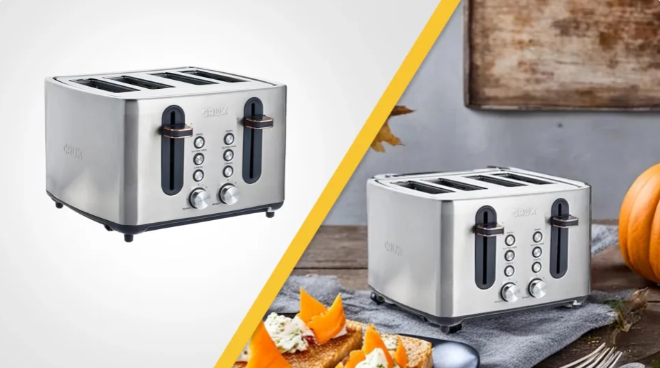 Left side showing a toaster and the right showing an AI generated image of the toaster being used.